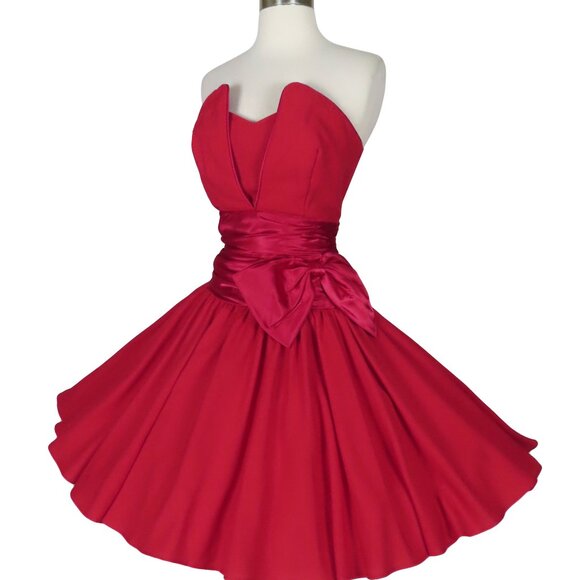 Vintage 80s 90s Red Strapless Full Circle Skirt HoCo Prom Cocktail Party Dress S - Picture 4 of 10